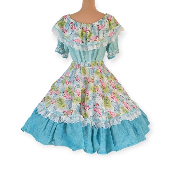 Square Dancing Dress Set - Christmas Flamingo Print Mediums aqua skirt & blouse - Picture 3 of 15